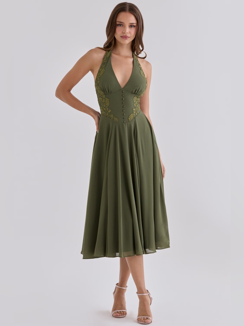 House Of CB Coco Olive Georgette & Lace Placement Halter Midi Dress